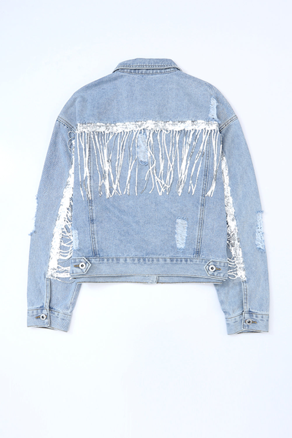 Sequin Fringe Trim Distressed Button Up Denim Jacket-Angel Casuals