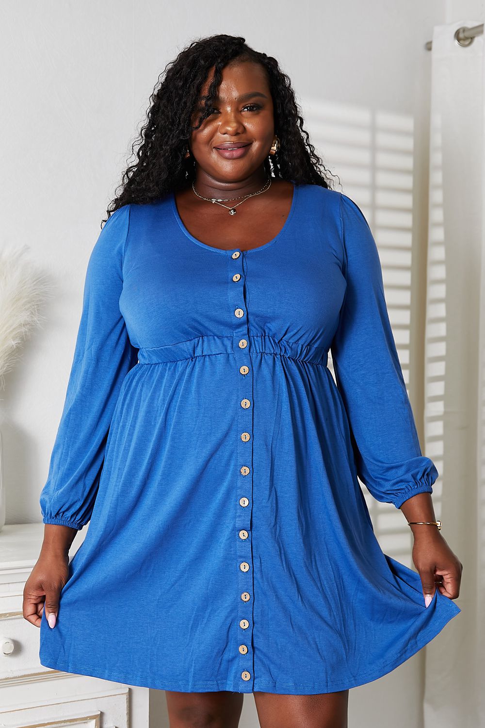 Double Take Scoop Neck Empire Waist Long Sleeve Magic Dress-Angel Casuals