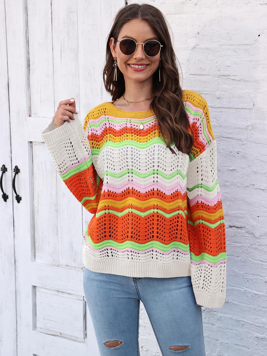 Openwork Round Neck Knit Top-Angel Casuals