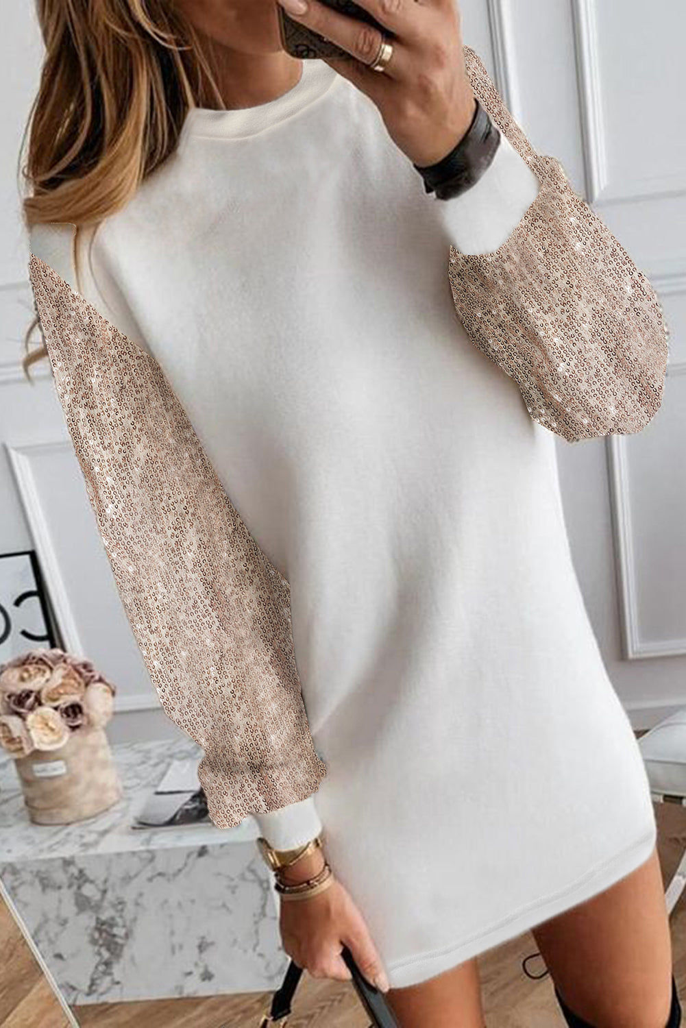 Sequin Long Sleeve Round Neck Mini Dress-Angel Casuals