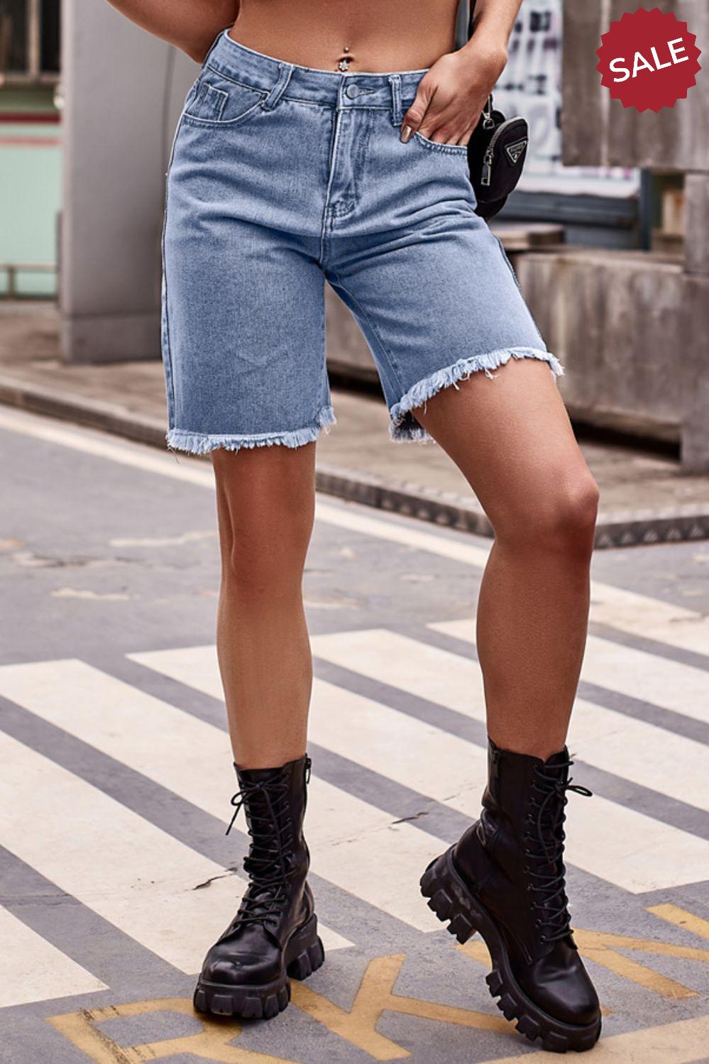 Raw Hem Denim Shorts with Pockets-Angel Casuals
