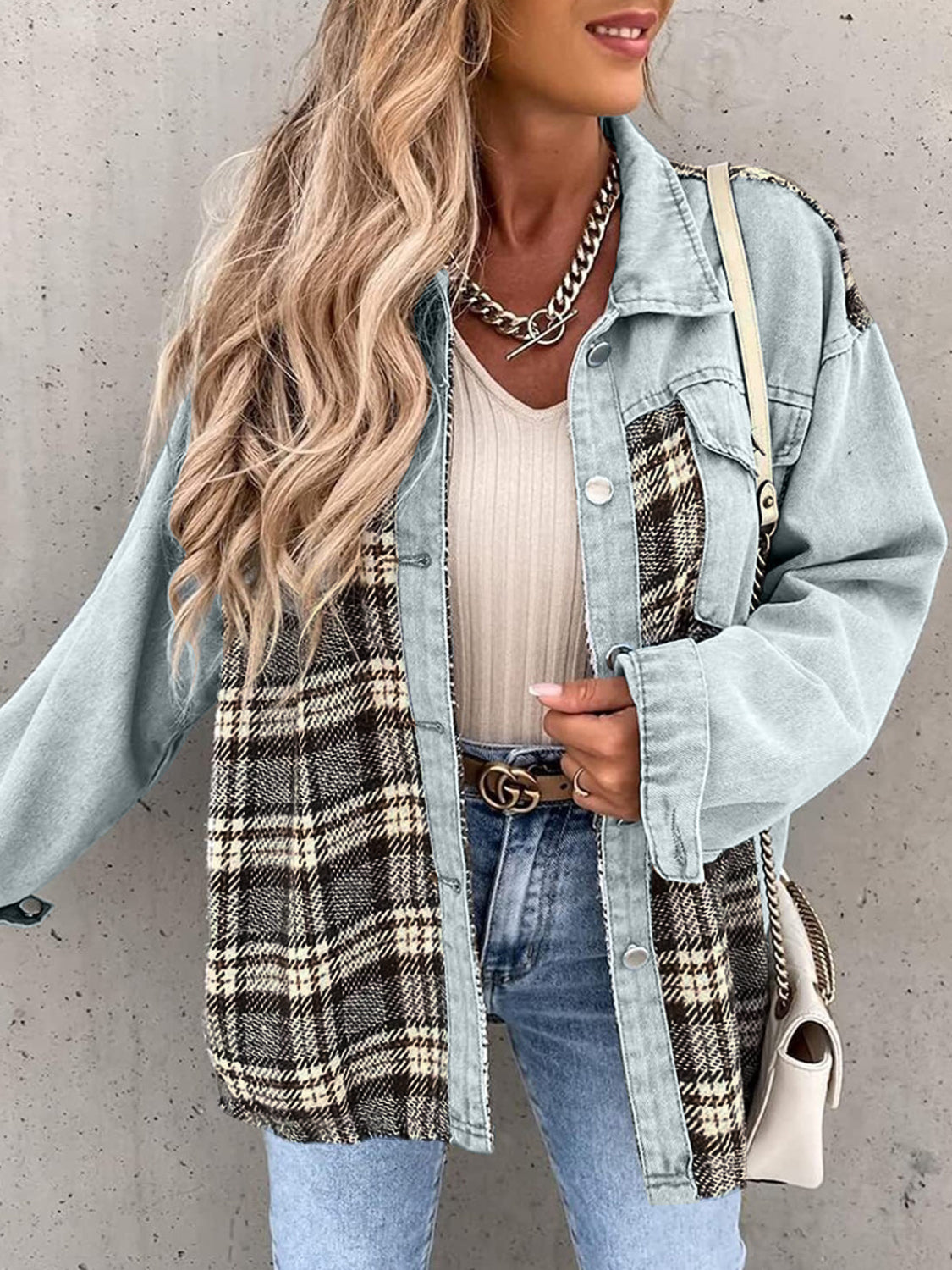 Plaid Button Up Dropped Shoulder Jacket-Angel Casuals