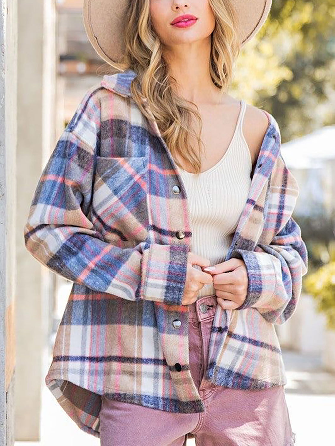 Snap Up Plaid Collared Neck Jacket with Pocket-Angel Casuals