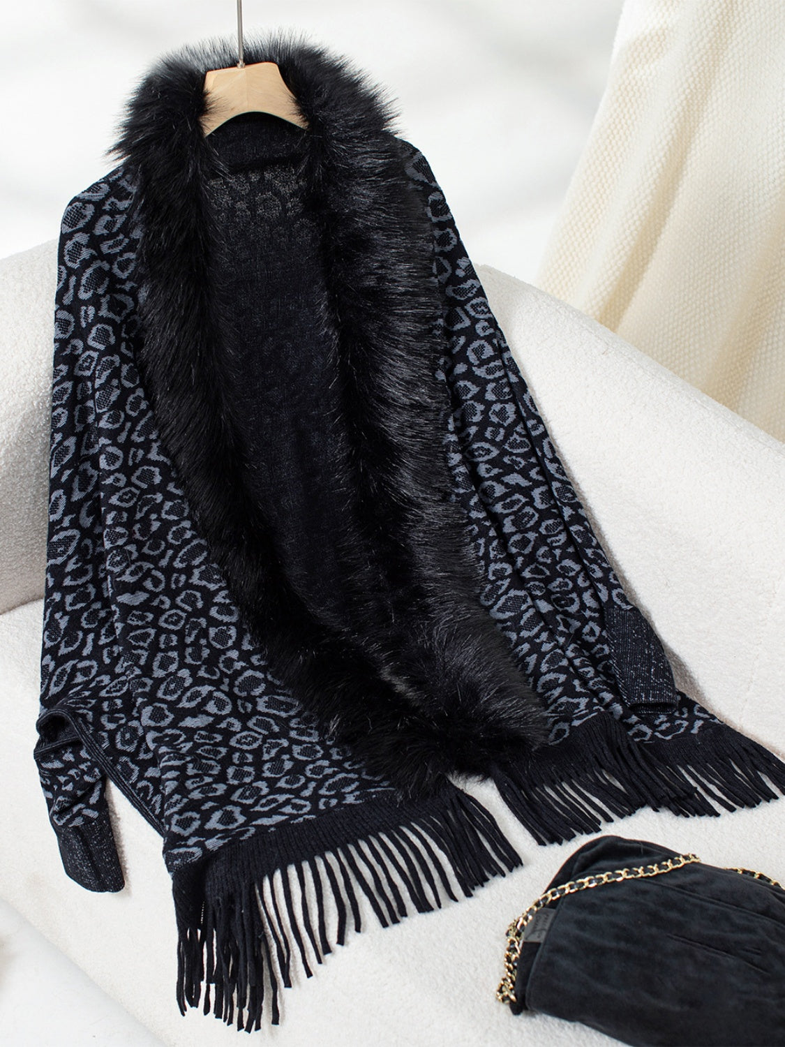 Fringe Leopard Open Front Long Sleeve Poncho-Angel Casuals