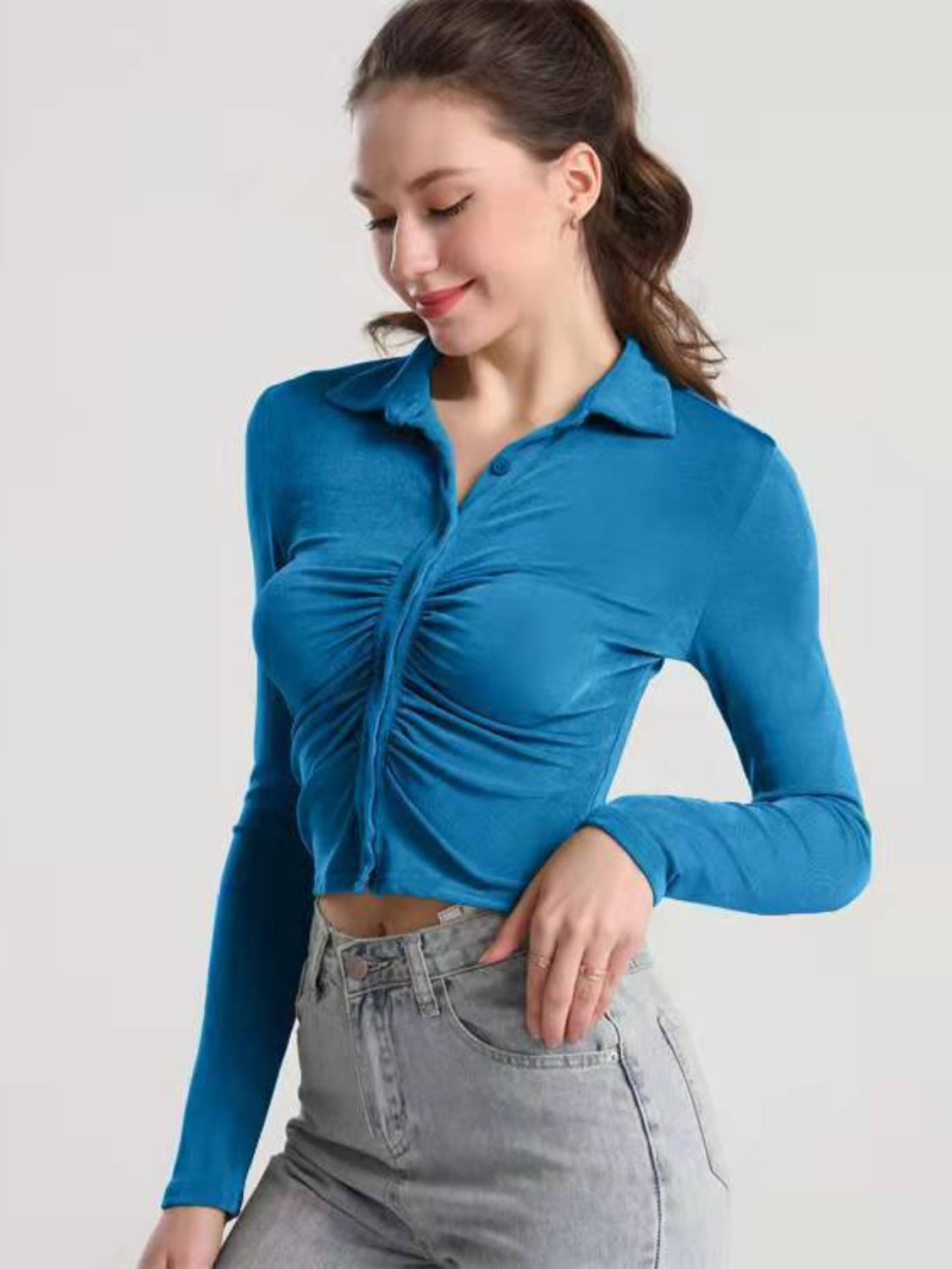 Ruched Button Up Long Sleeve T-Shirt-Angel Casuals