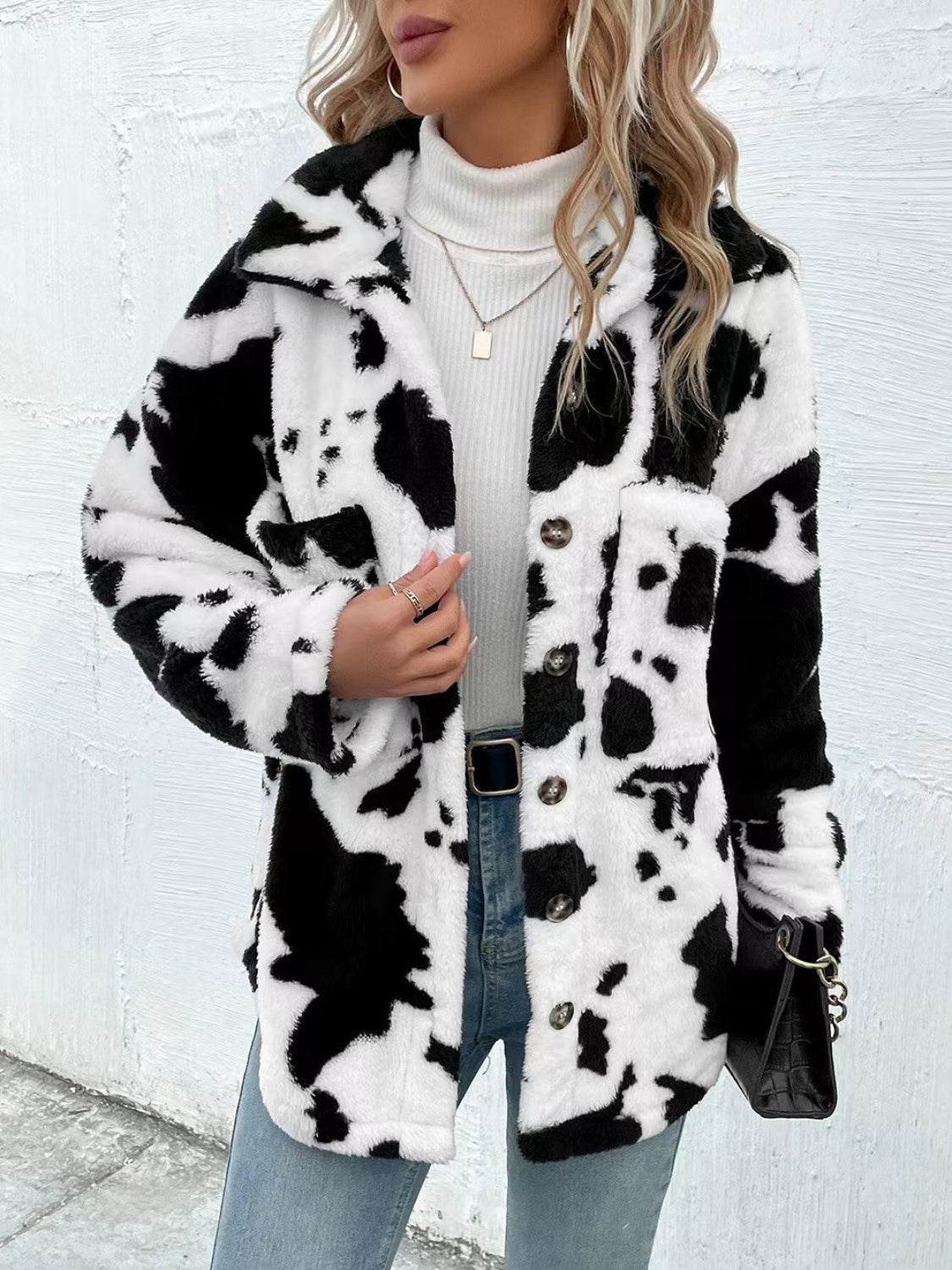 Cow Print Collared Neck Button Up Fuzzy Jacket-Angel Casuals