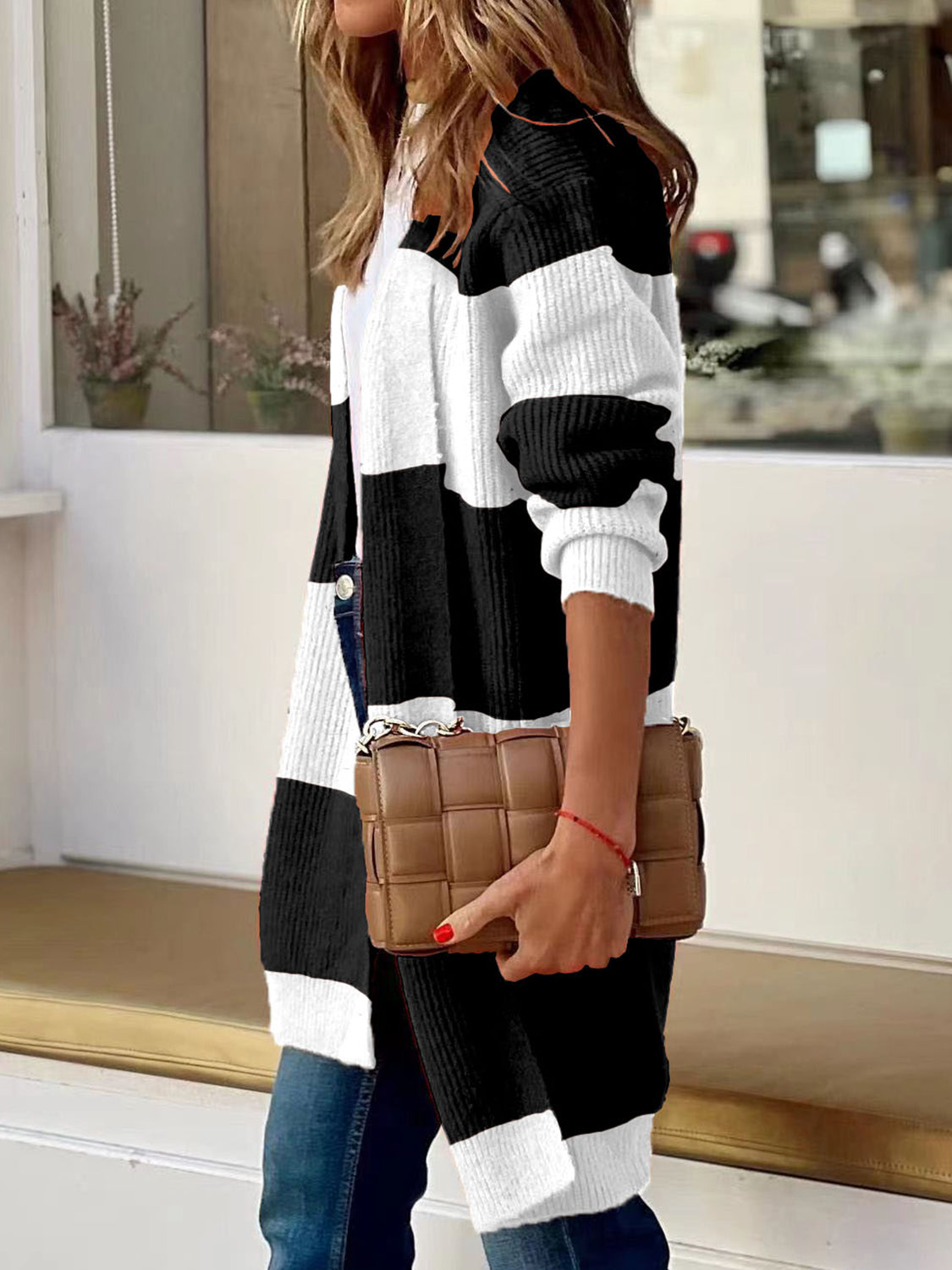 Contrast Open Front Long Sleeve Cardigan-Angel Casuals