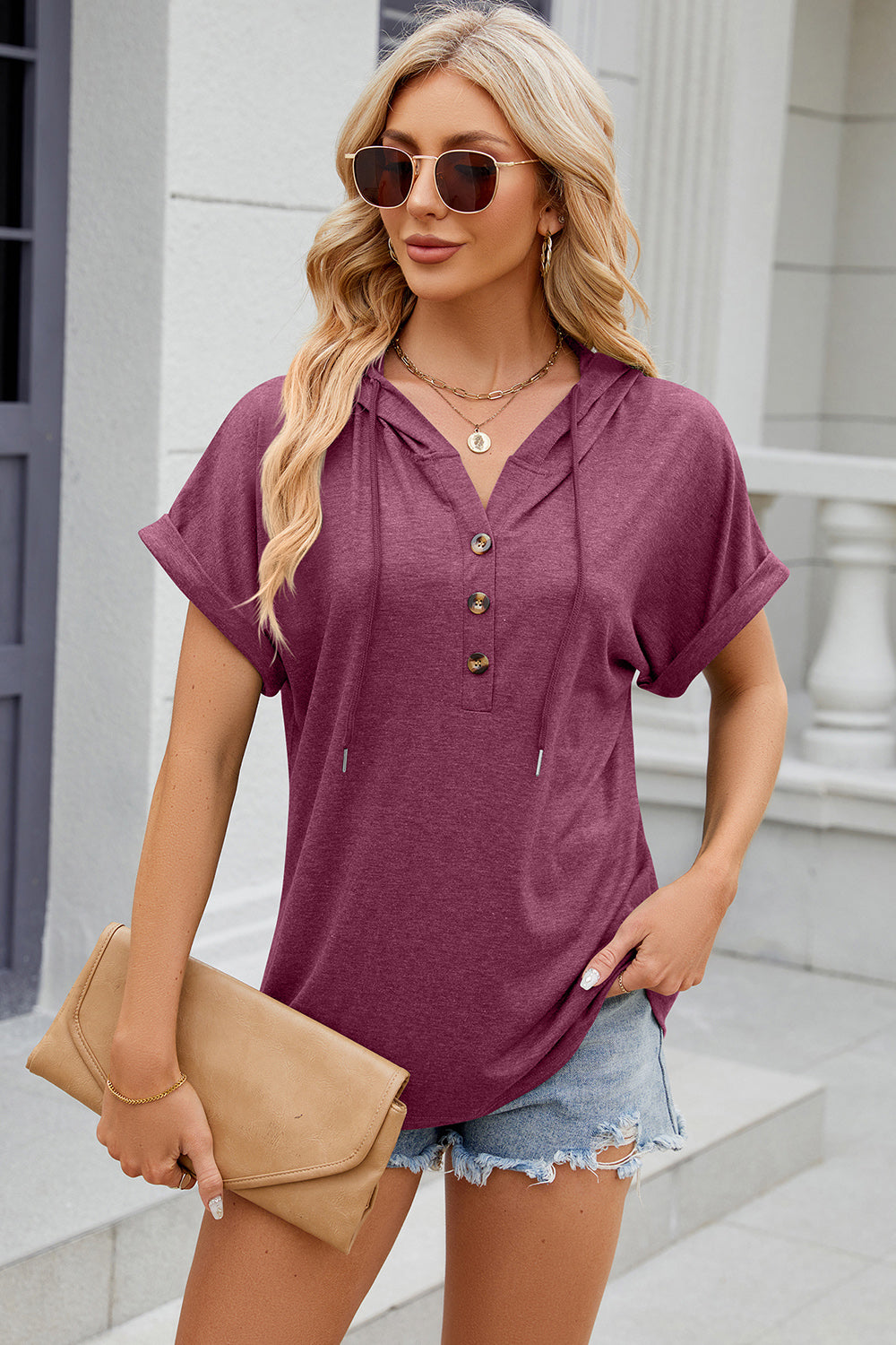 Half Button Drawstring Short Sleeve Hooded T-Shirt-Angel Casuals