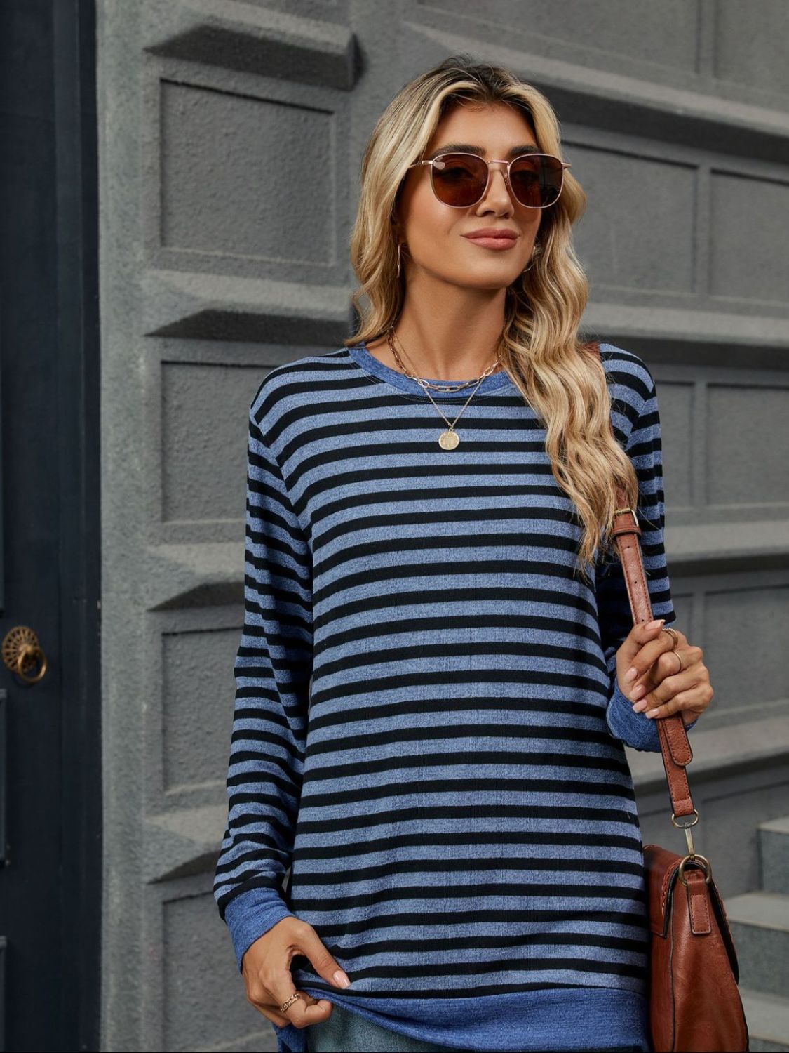Striped Round Neck Long Sleeve T-Shirt-Angel Casuals