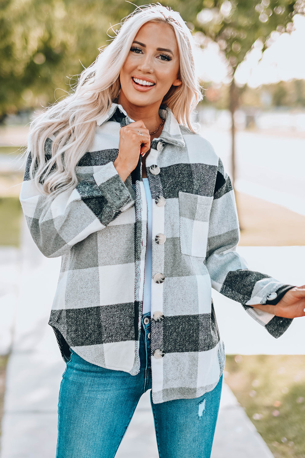 Plaid Button Up Dropped Shoulder Jacket-Angel Casuals