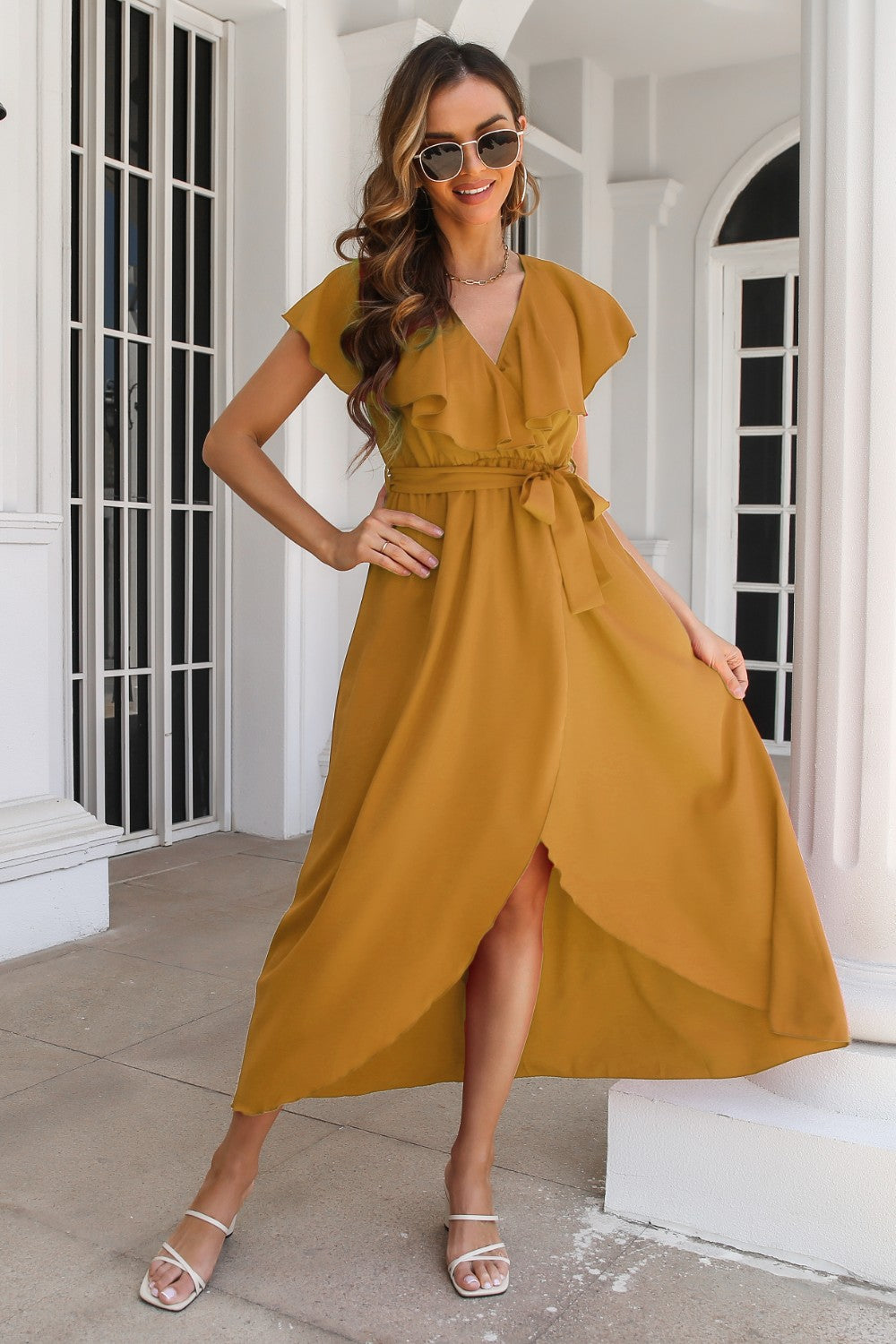 Ruffled Surplice Tie Waist Slit Midi Dress-Angel Casuals