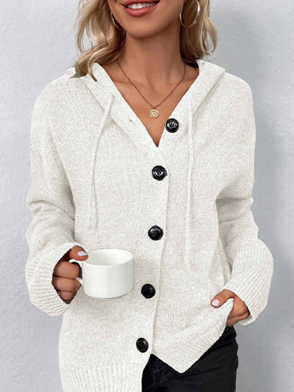 Drawstring Button Up Hooded Cardigan-Angel Casuals
