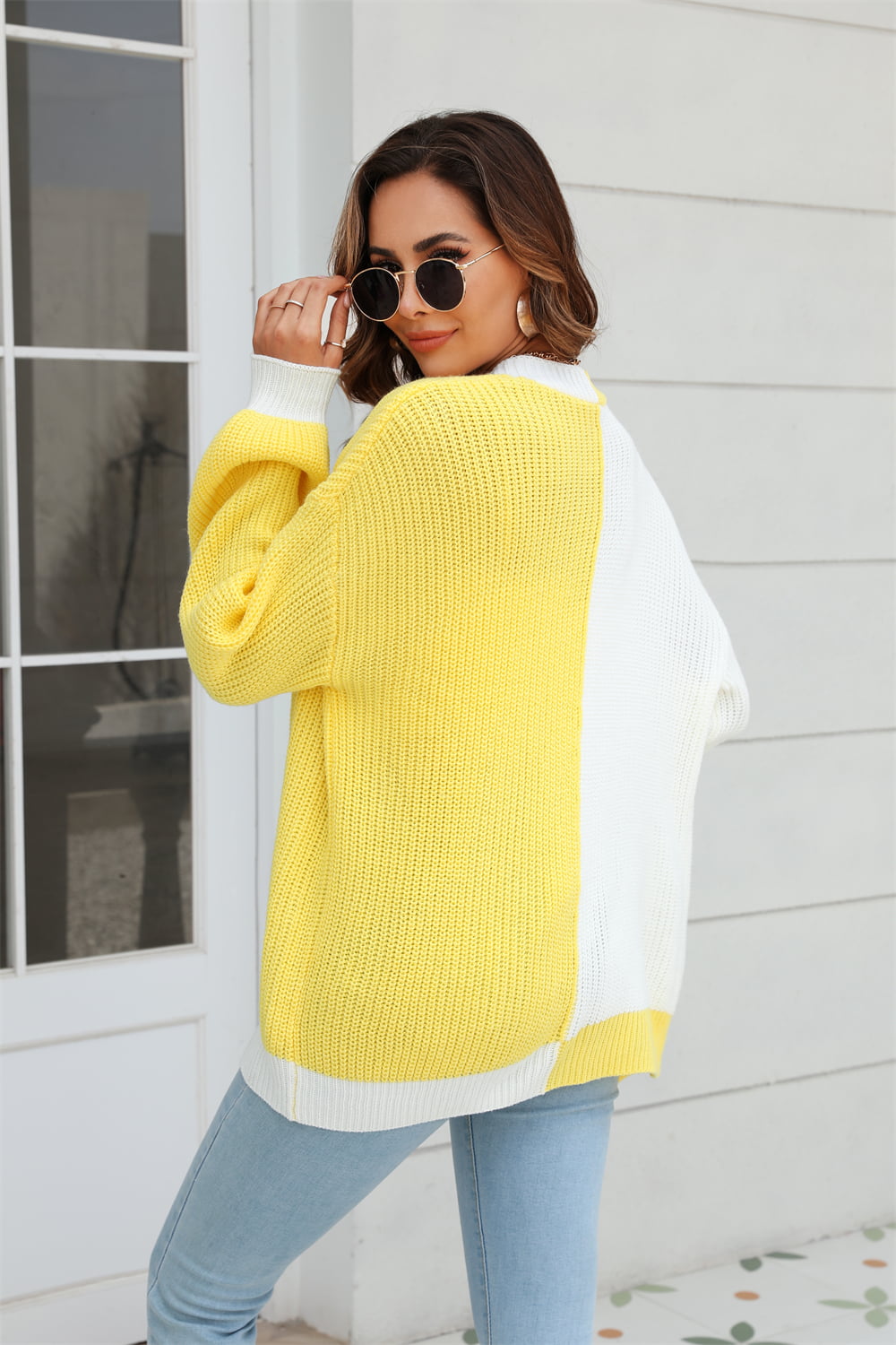 Open Front Contrast Color Balloon Sleeve Cardigan-Angel Casuals