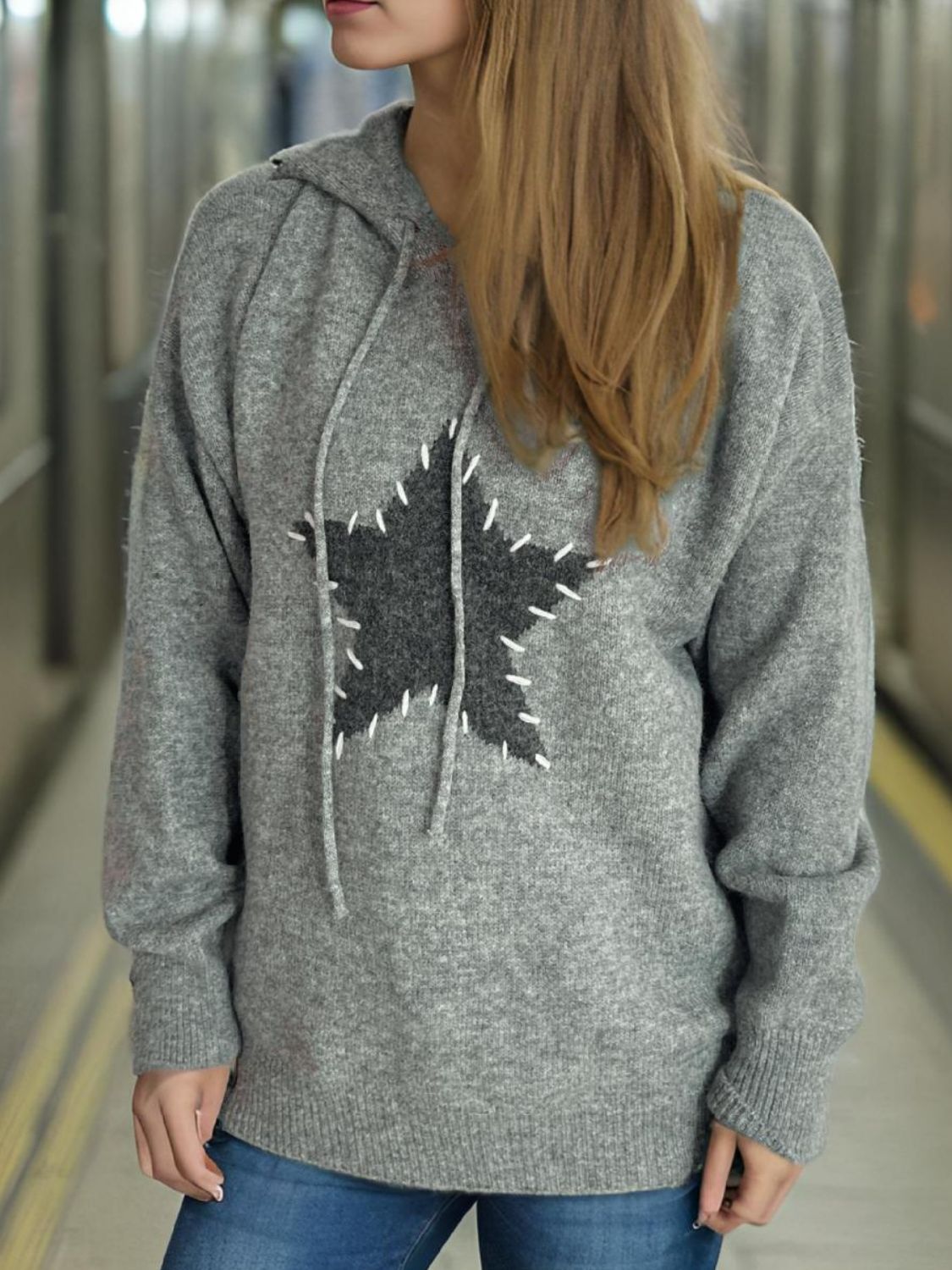 Drawstring Star Long Sleeve Hooded Sweater-Angel Casuals