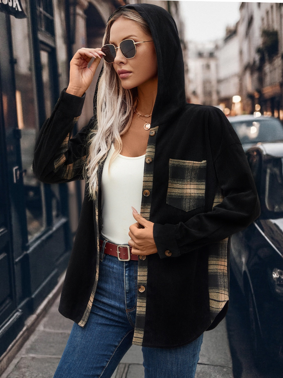 Pocketed Plaid Button Down Hooded Shacket-Angel Casuals