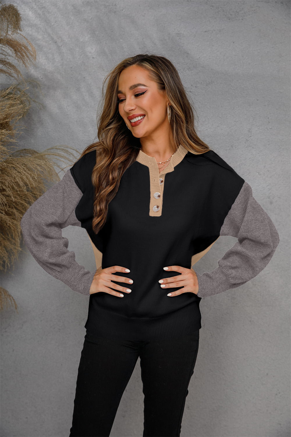 Angel Wings Round Neck Buttoned Knit Top-Angel Casuals