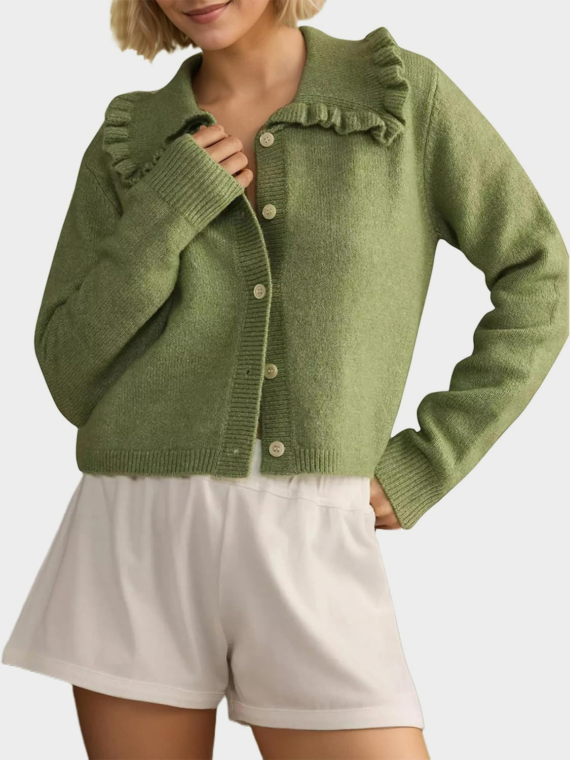 Frill Button Up Collared Neck Long Sleeve Cardigan-Angel Casuals