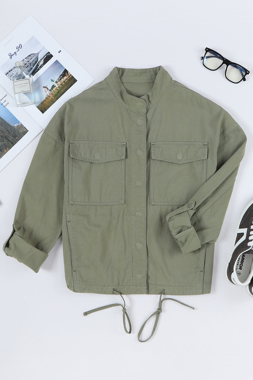 Drawstring Snap Down Dropped Shoulder Denim Jacket-Angel Casuals