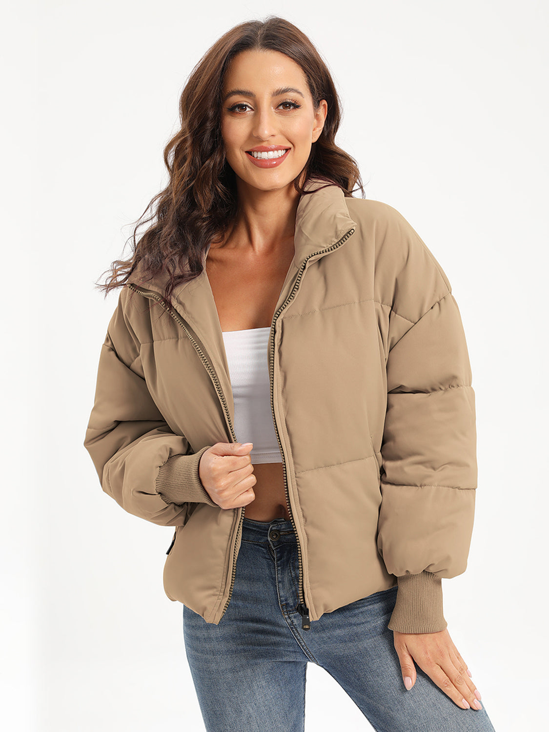 Zip Up Turtleneck Long Sleeve Winter Coat-Angel Casuals