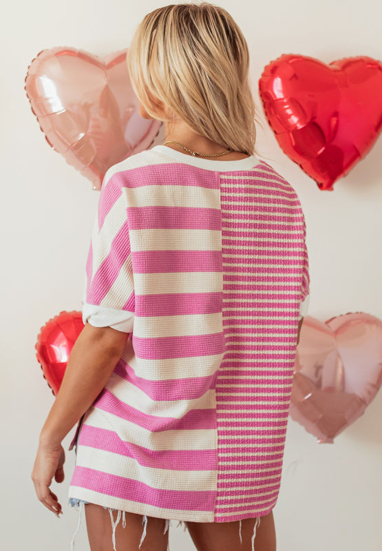 High-Low Striped Round Neck Short Sleeve T-Shirt-Angel Casuals