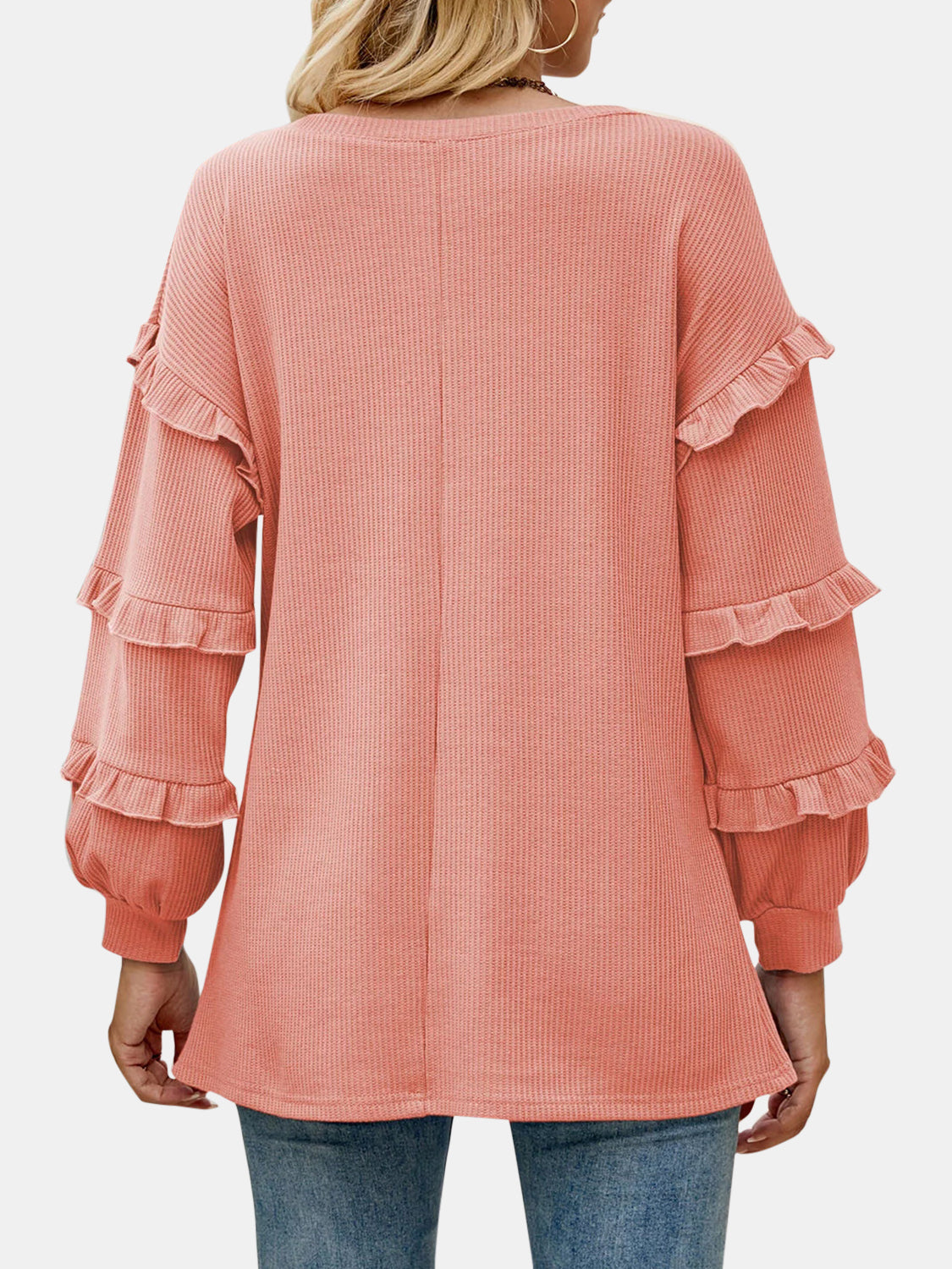 Ruffled V-Neck Long Sleeve T-Shirt-Angel Casuals
