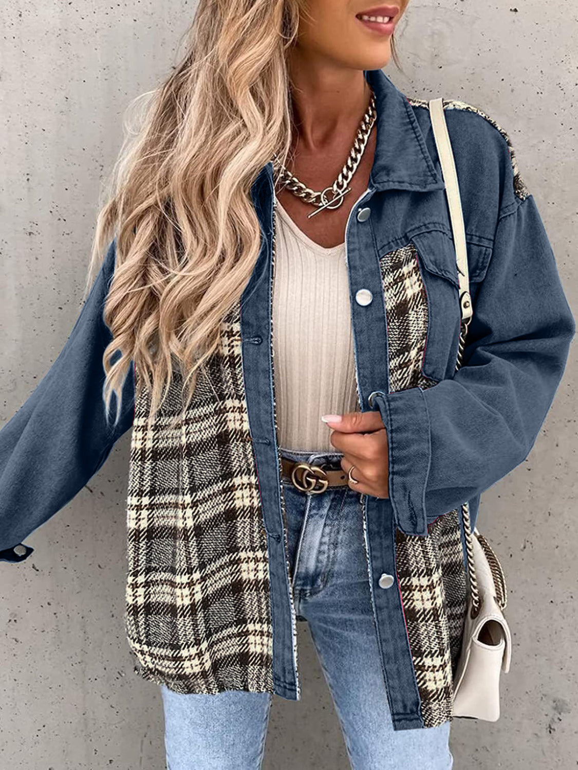 Plaid Button Up Dropped Shoulder Jacket-Angel Casuals