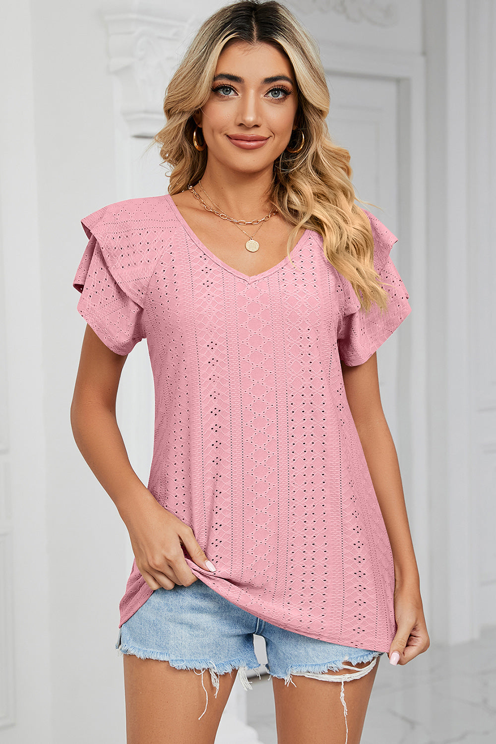 Eyelet V-Neck Short Sleeve T-Shirt-Angel Casuals