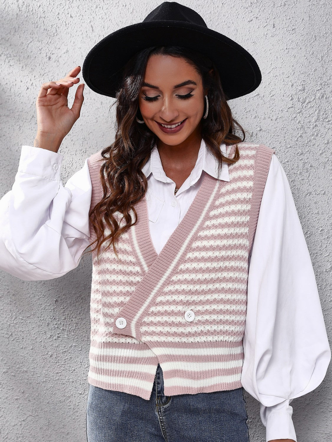 Striped Button Up V-Neck Sweater Vest-Angel Casuals