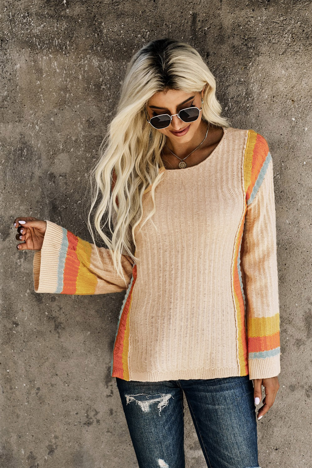 Striped Round Neck Long Sleeve Sweater-Angel Casuals