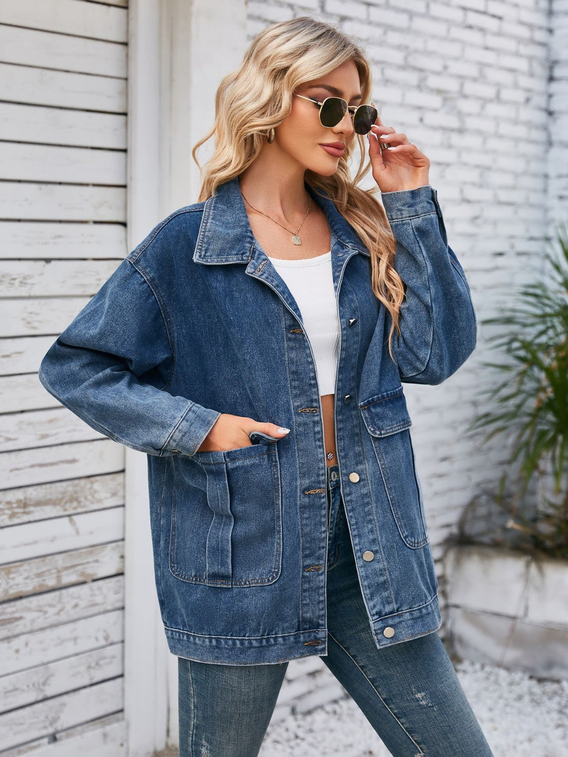 Button Up Long Sleeve Denim Jacket-Angel Casuals