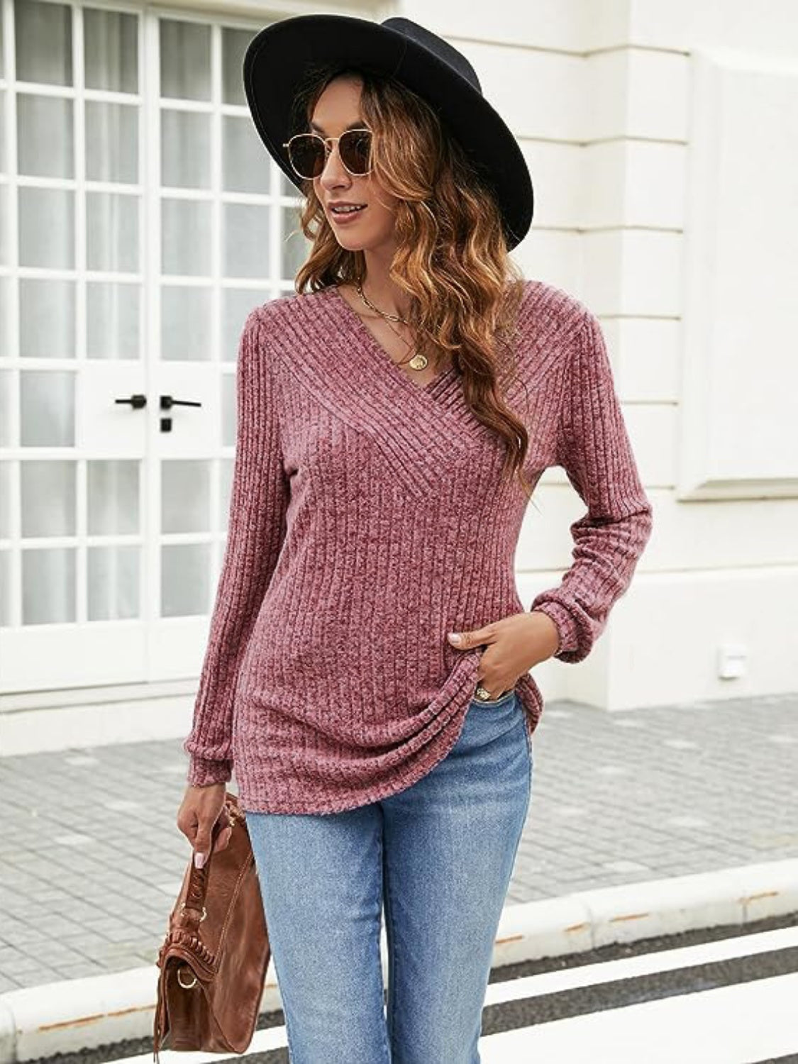Ribbed Surplice Long Sleeve T-Shirt-Angel Casuals