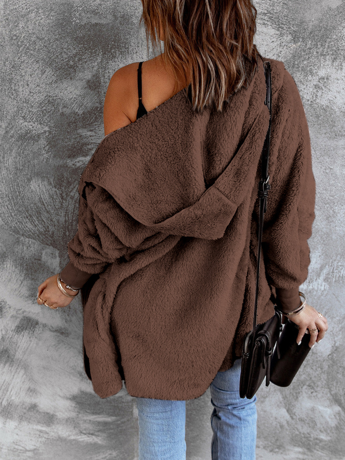 Open Front Hooded Faux Fur Outwear with Pockets-Angel Casuals