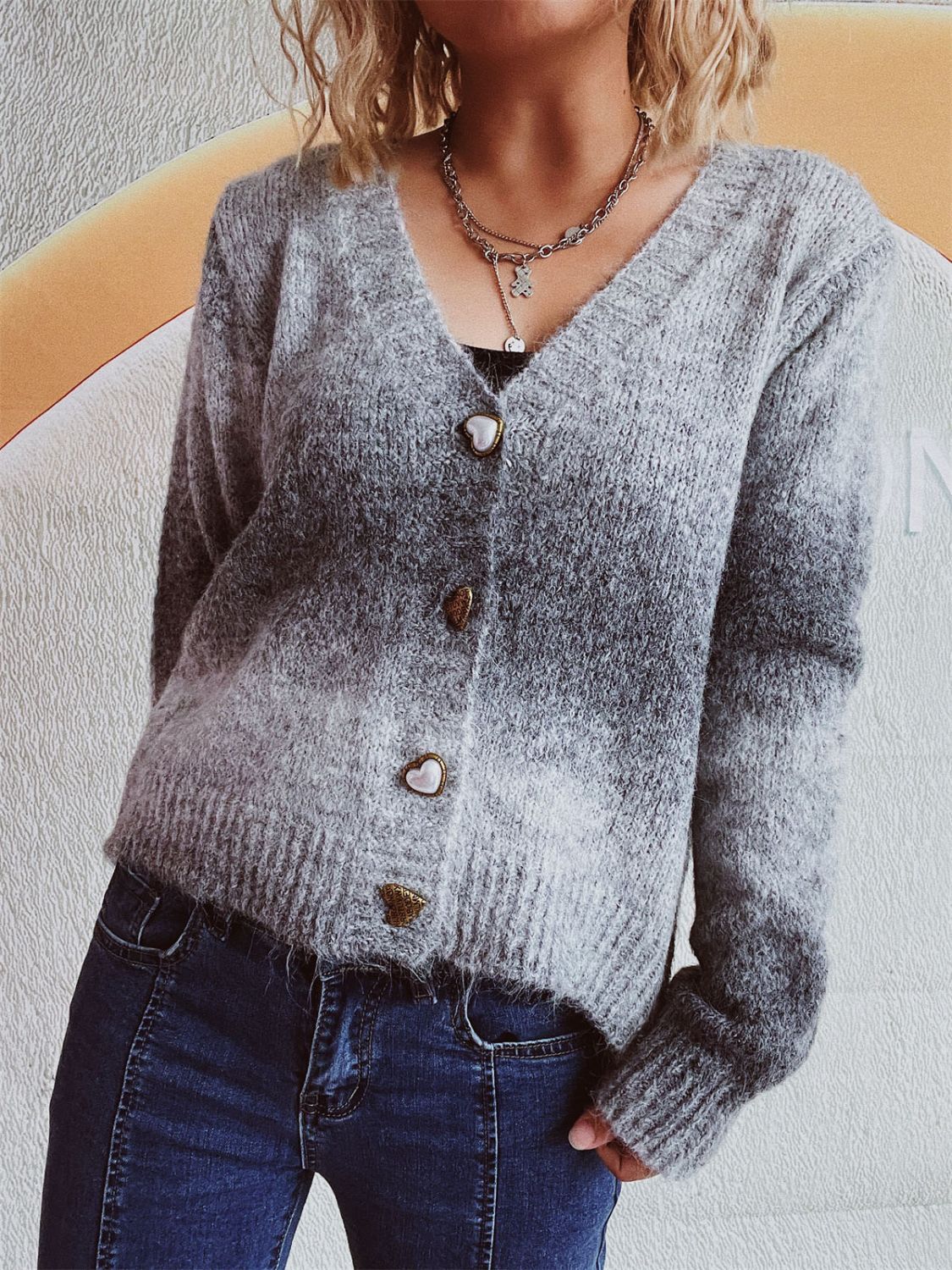 Gradient Heart Shape Button V-Neck Cardigan-Angel Casuals