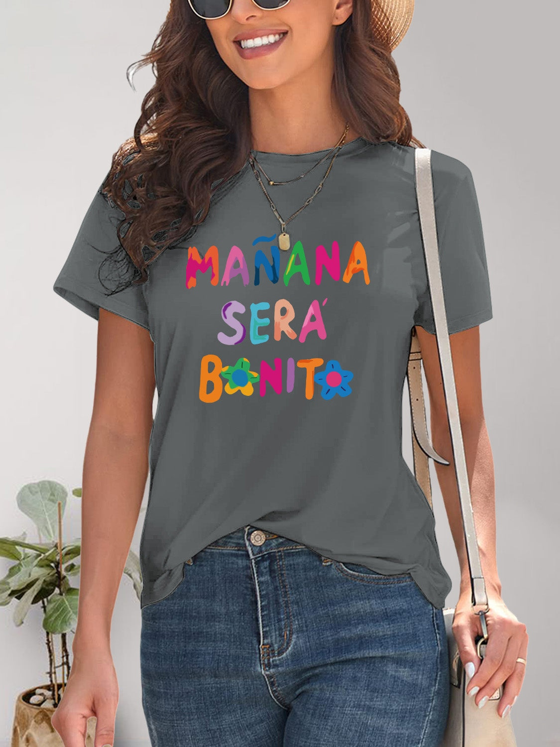 Letter Graphic Round Neck Short Sleeve T-Shirt-Angel Casuals