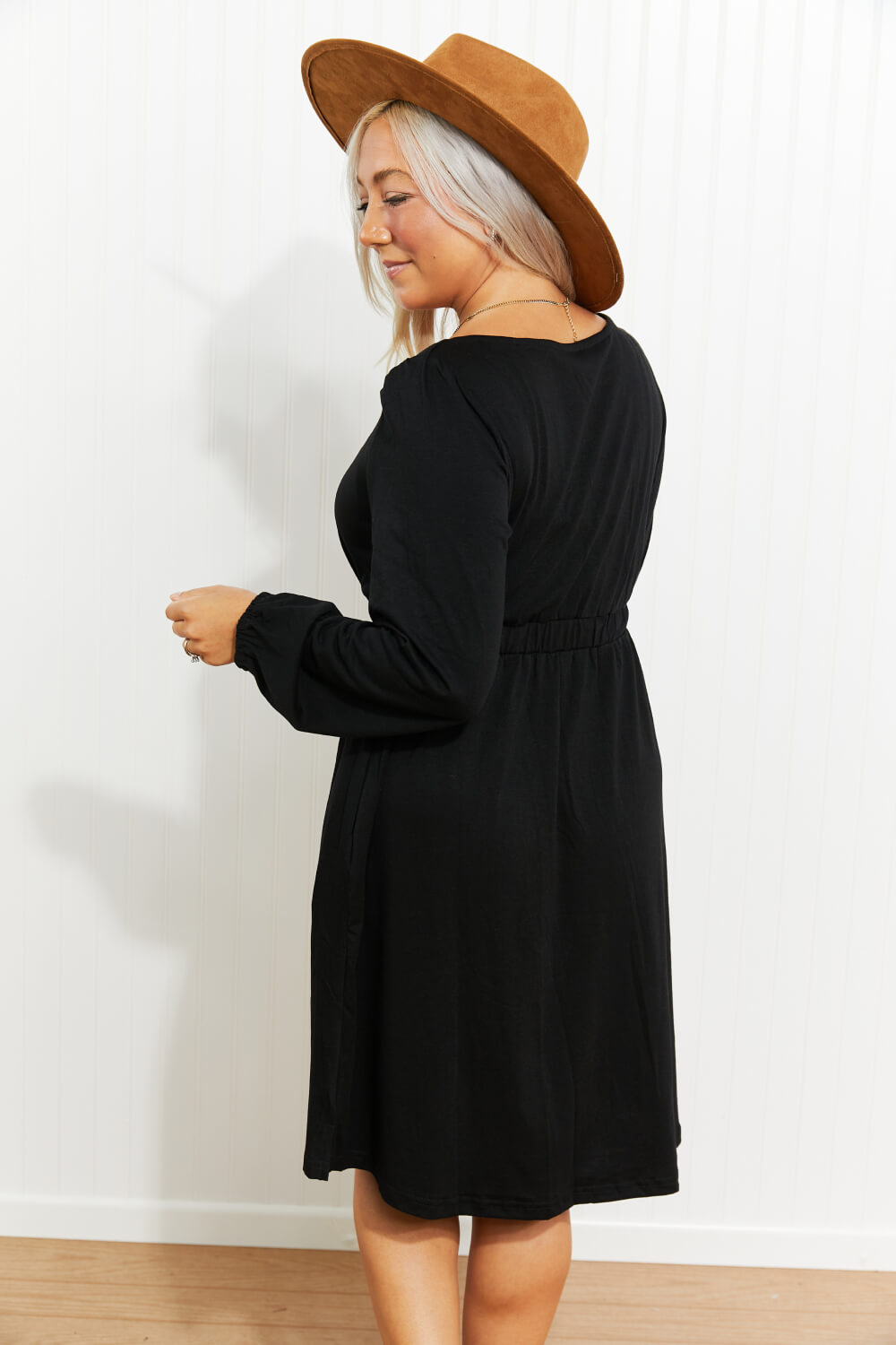 Scoop Neck Empire Waist Long Sleeve Mini Dress-Angel Casuals