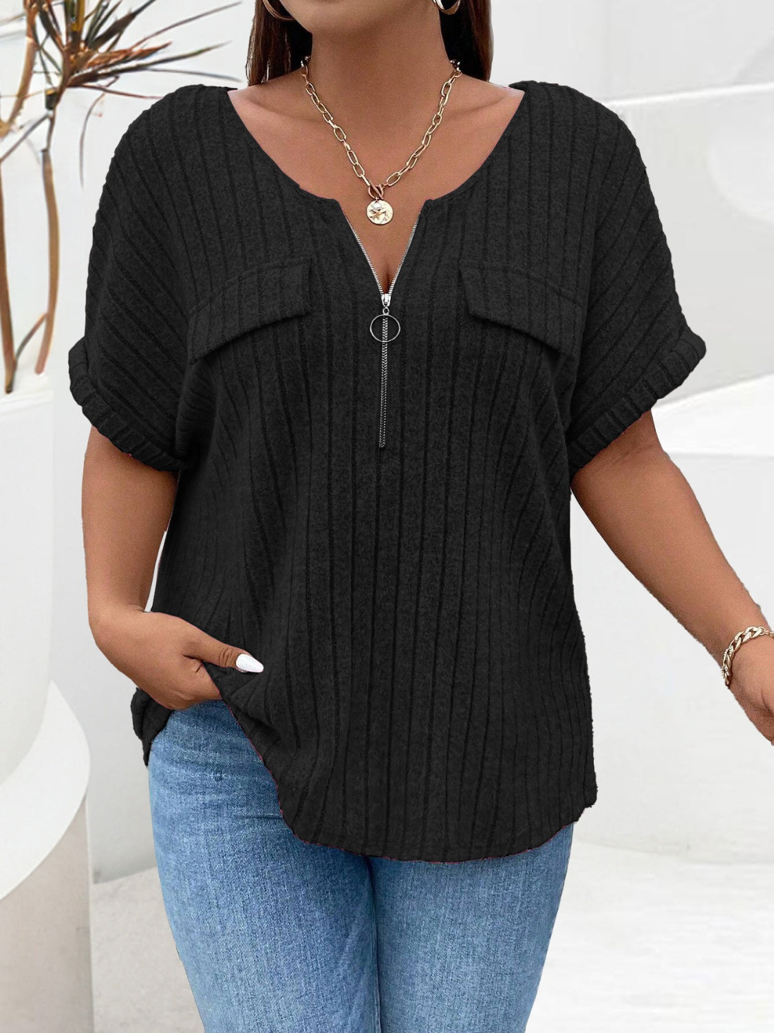 Plus Size Half Zip Short Sleeve T-Shirt-Angel Casuals