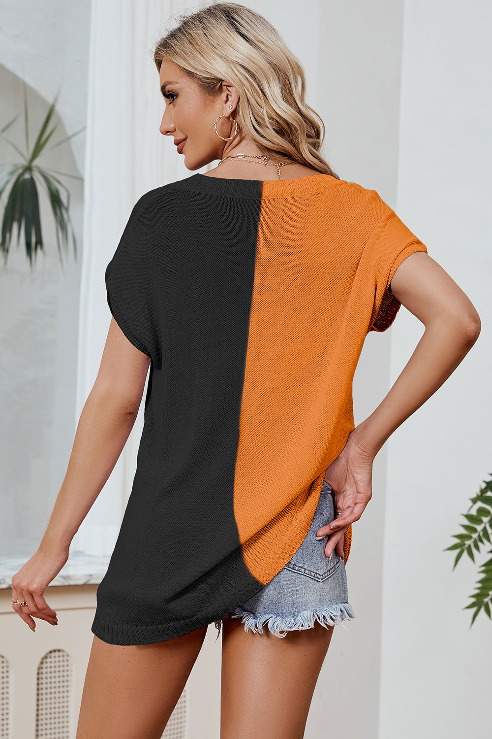 Color Block V-Neck Short Sleeve Knit Top-Angel Casuals