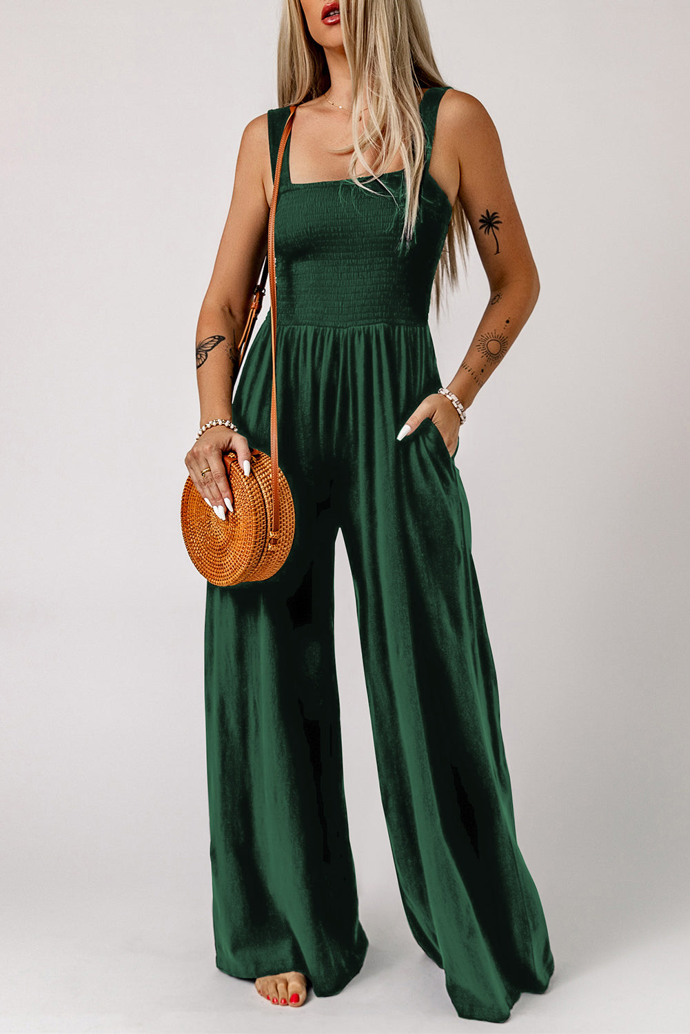 Smocked Square Neck Wide Leg Jumpsuit with Pockets-Angel Casuals