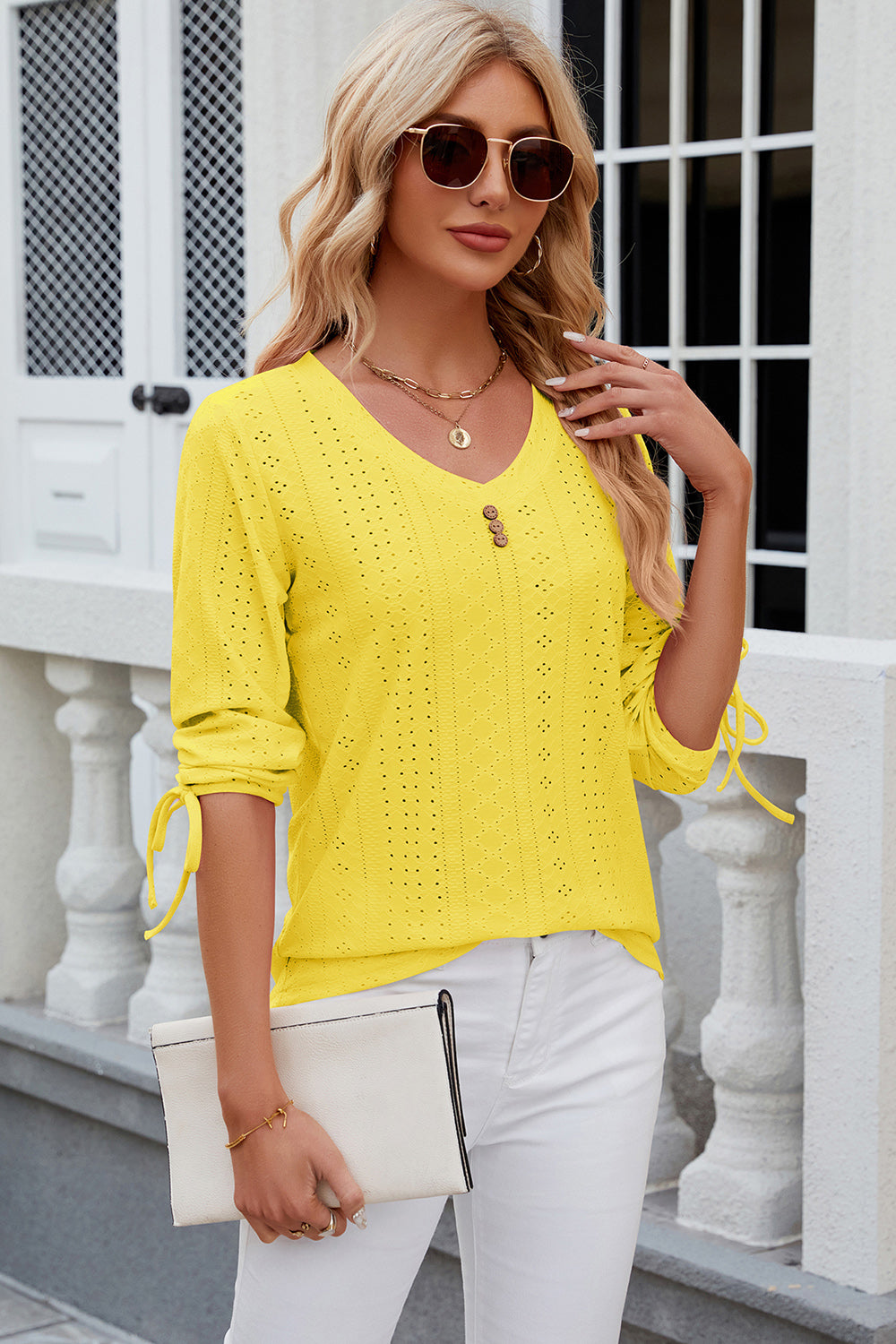 Eyelet Drawstring V-Neck Half Sleeve T-Shirt-Angel Casuals
