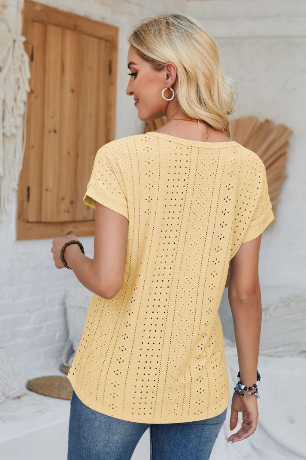 Eyelet Round Neck Rolled Short Sleeve T-Shirt-Angel Casuals
