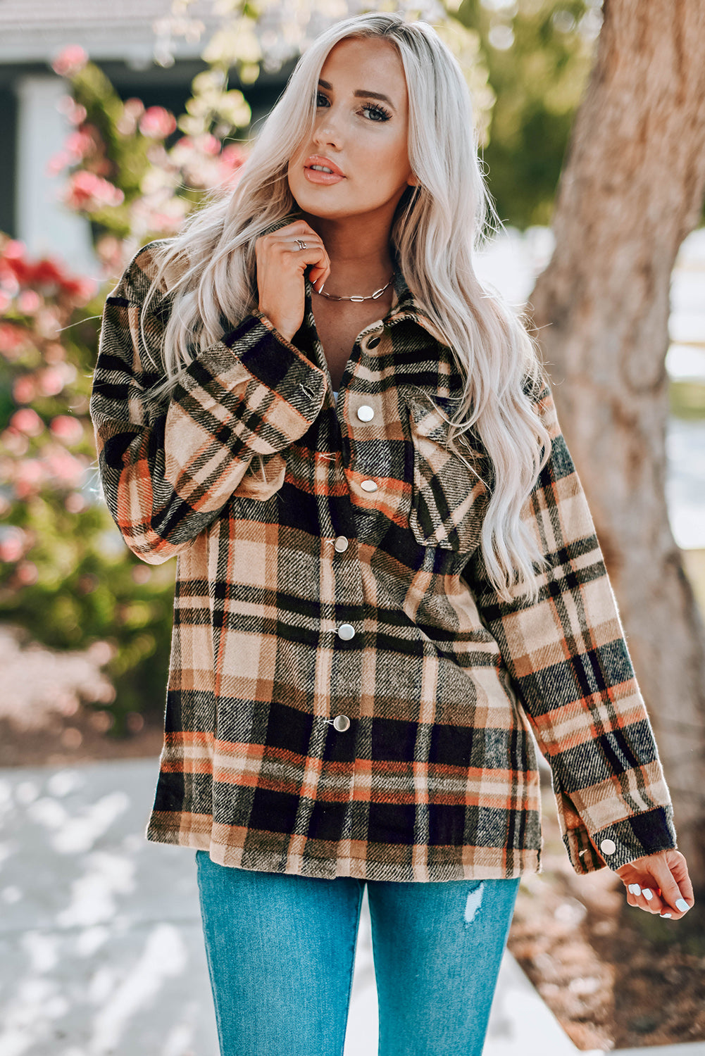 Double Take Plaid Button Front Shirt Jacket with Breast Pockets-Angel Casuals