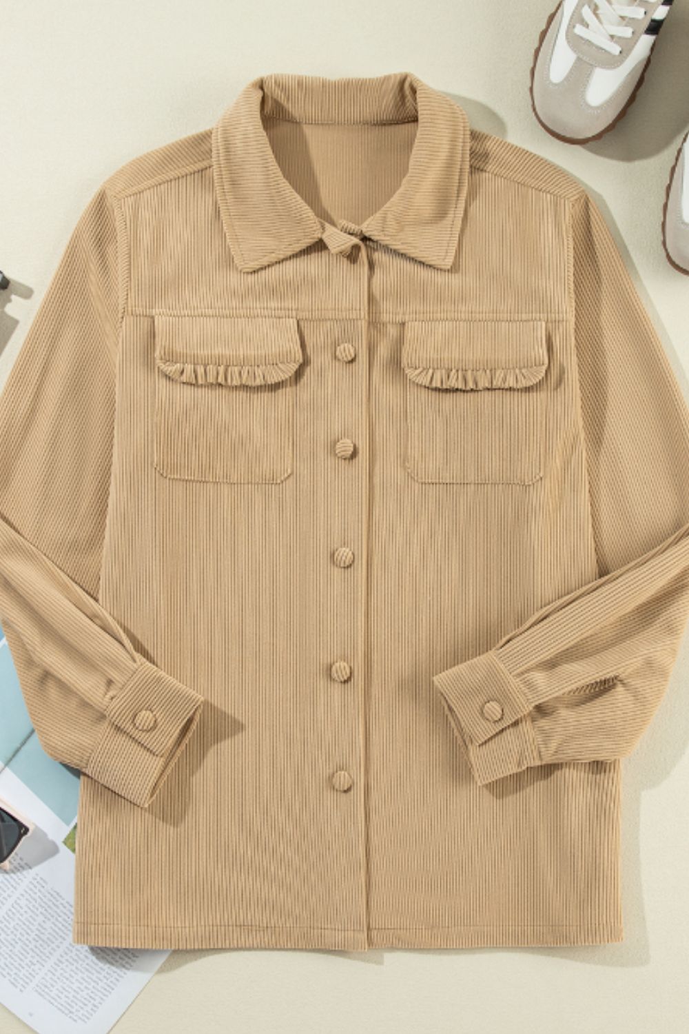 Frill Button Up Long Sleeve Shacket-Angel Casuals