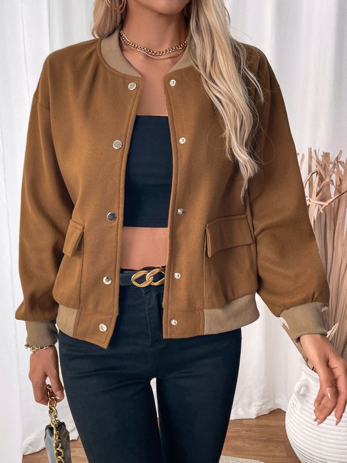 Perfee Baseball Collar Snap Down Long Sleeve Jacket-Angel Casuals