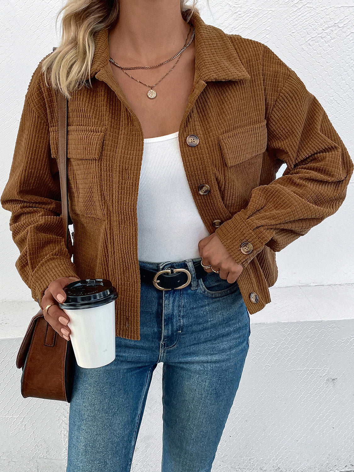 Perfee Collared Neck Button Front Jacket with Pockets-Angel Casuals
