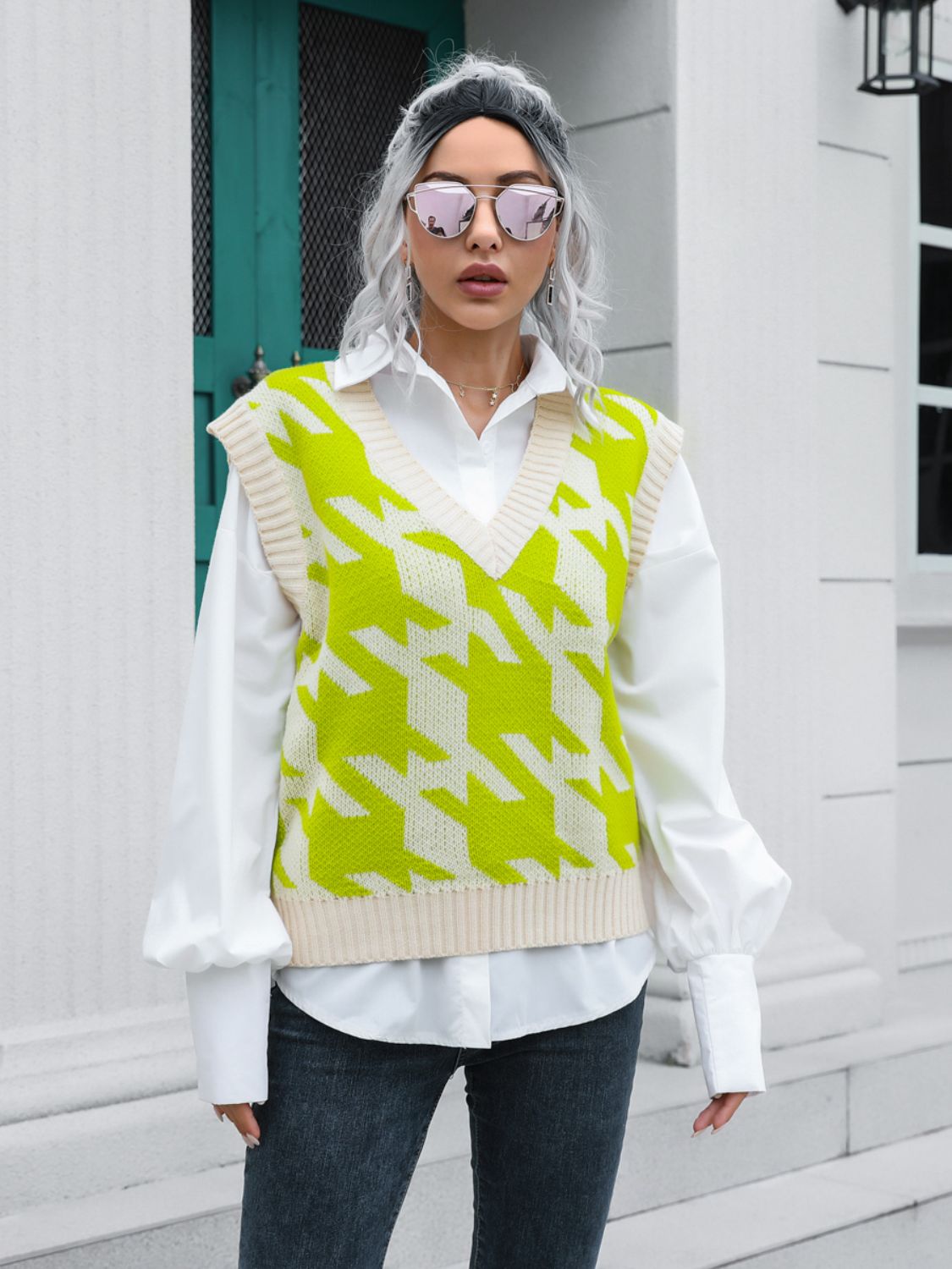 Houndstooth V-Neck Sweater Vest-Angel Casuals