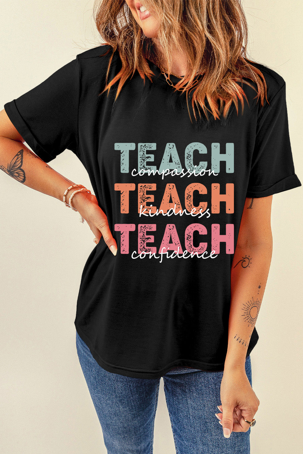 Letter Graphic Round Neck Short Sleeve T-Shirt-Angel Casuals