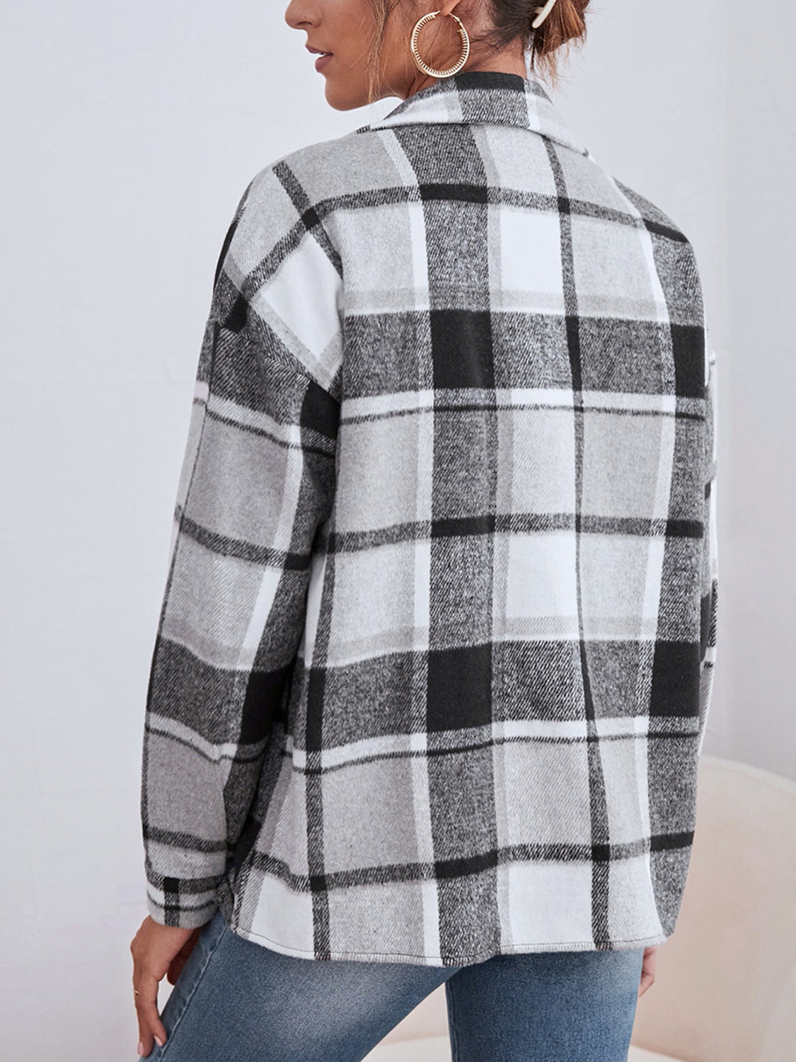 Plaid Collared Neck Button Down Jacket-Angel Casuals