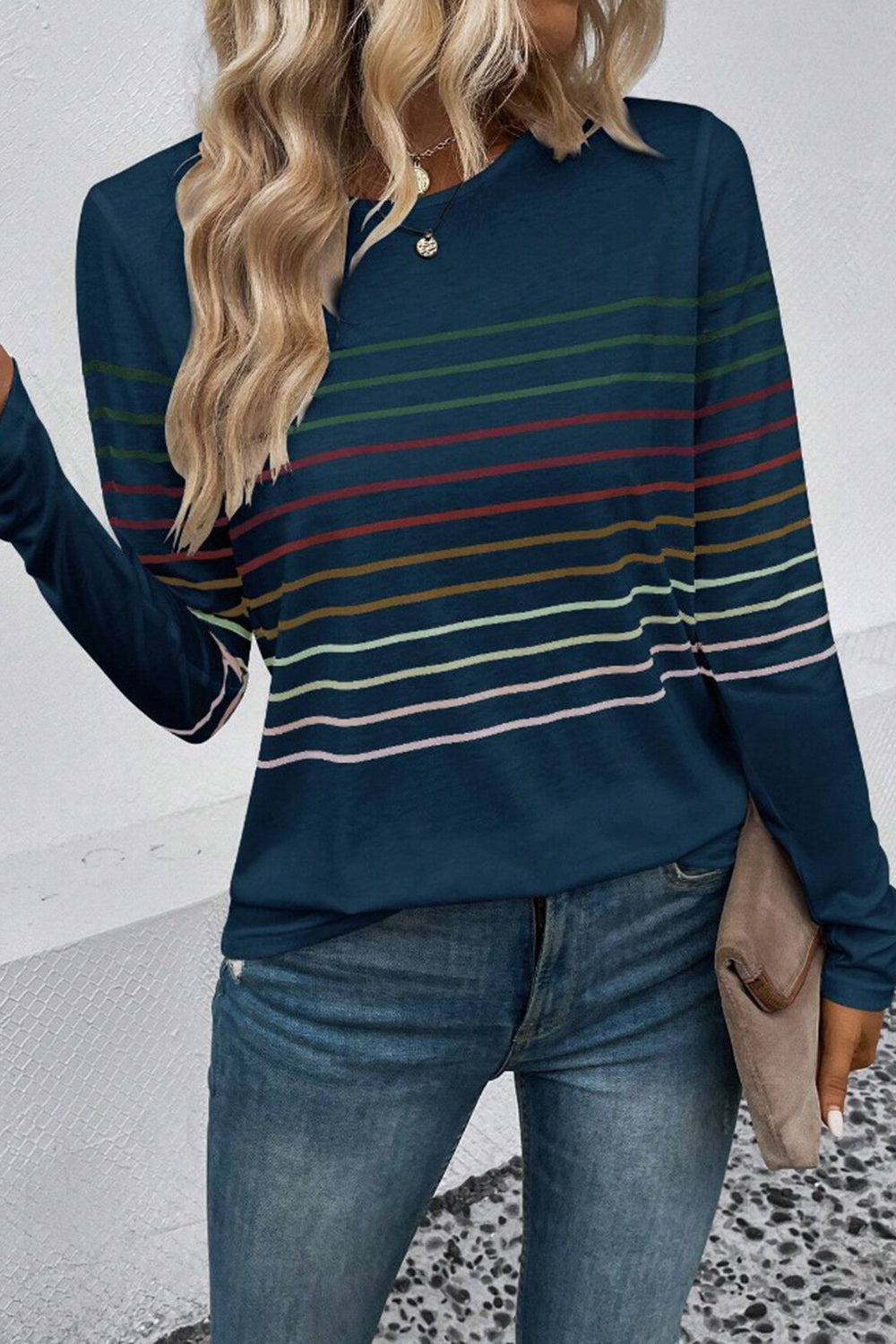 Striped Round Neck Long Sleeve T-Shirt-Angel Casuals