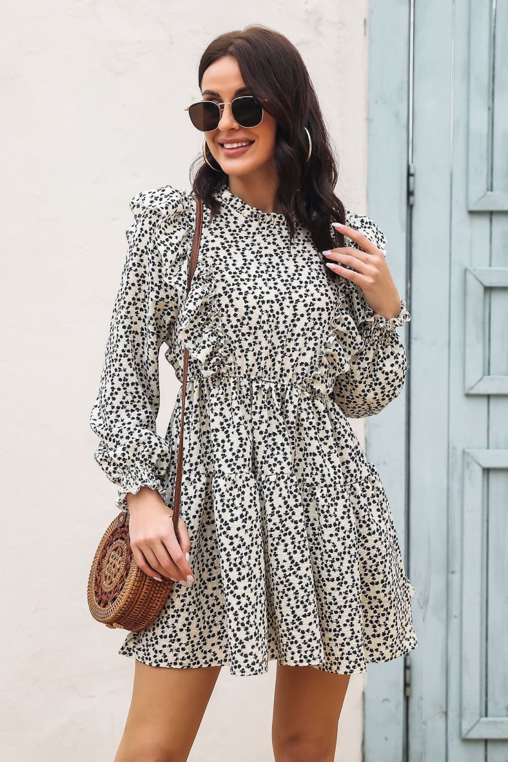 Printed Ruffle Trim Smocked Long Sleeve Mini Dress-Angel Casuals