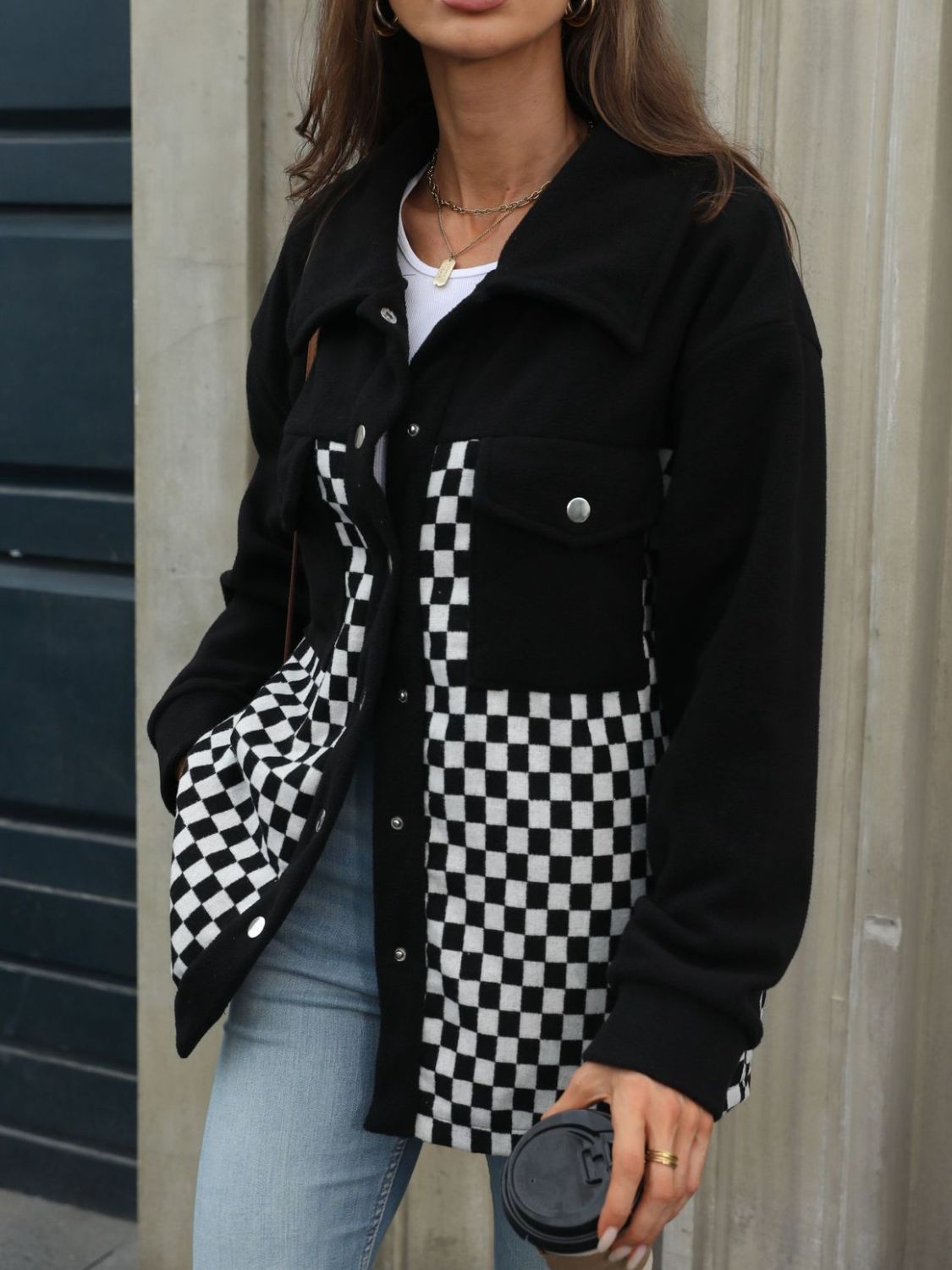 Checkered Snap Down Long Sleeve Jacket-Angel Casuals